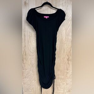 Betsey Johnson black knit stretch dress long short sleeve drawstring slit XL